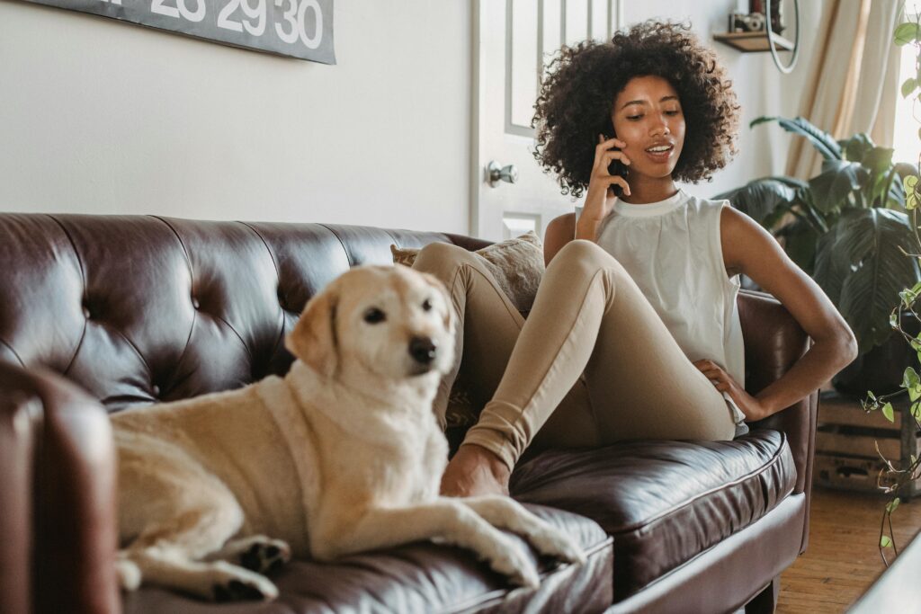woman on phone with dog on couch